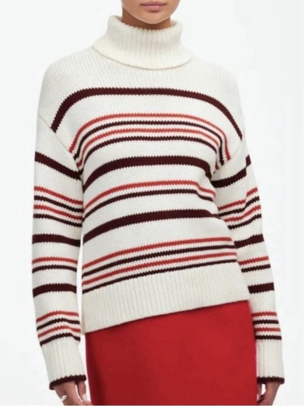 Madewell Ribbed Cotton Turtleneck Sweater Cabernet Stripe NT604 Sz S Knit Preppy - Picture 1 of 7